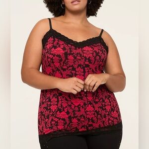 Twist Tees Plus Size Women's Red Roses Black Lace Trim Top 2